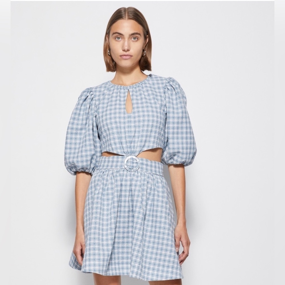 NWT Jonathan Simkhai Soo Seersucker Plaid Puff Sleeve Cutout Belted Size L